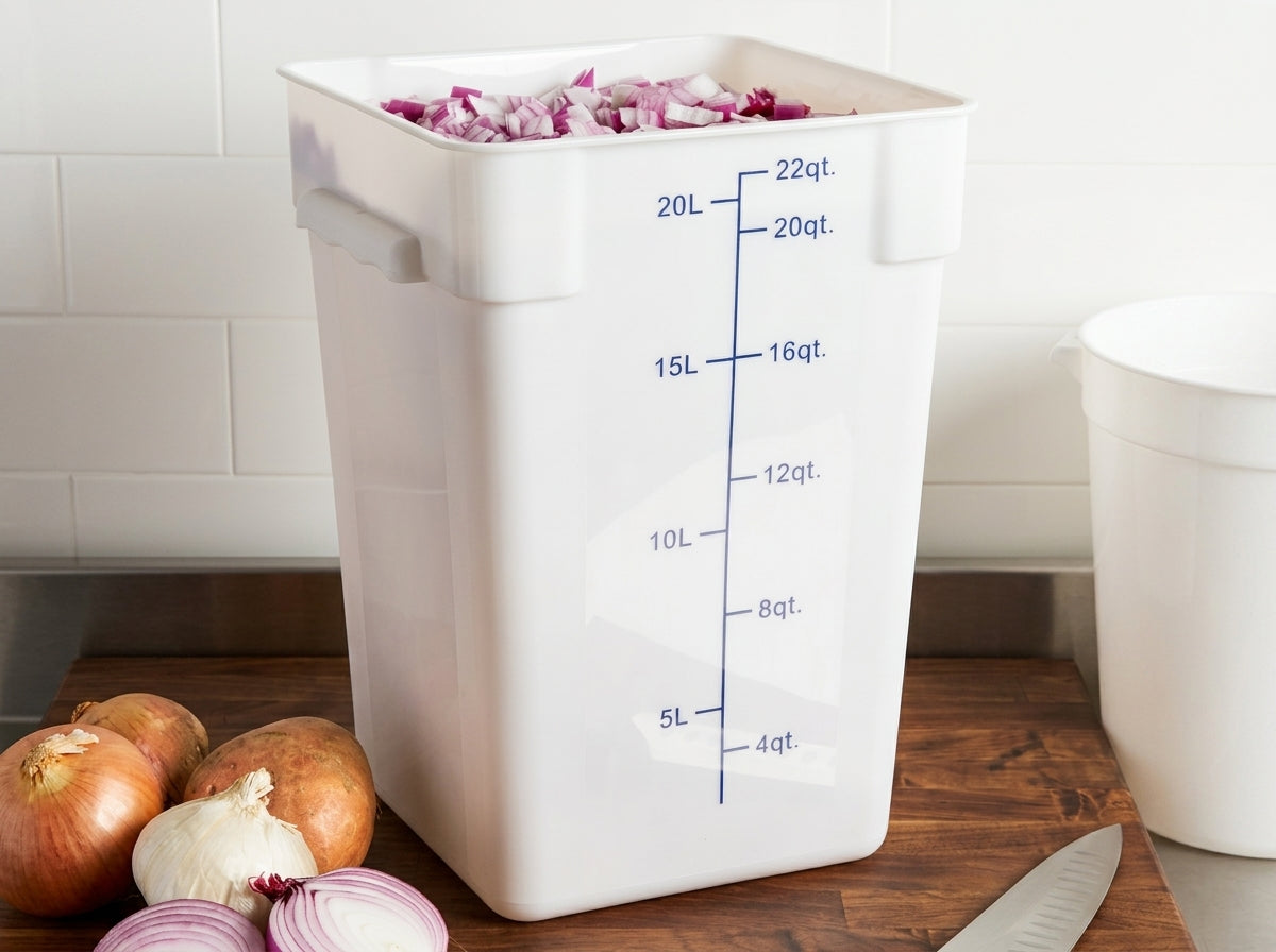 22 Qt White Square Polypropylene Food Storage Container with Blue Lid