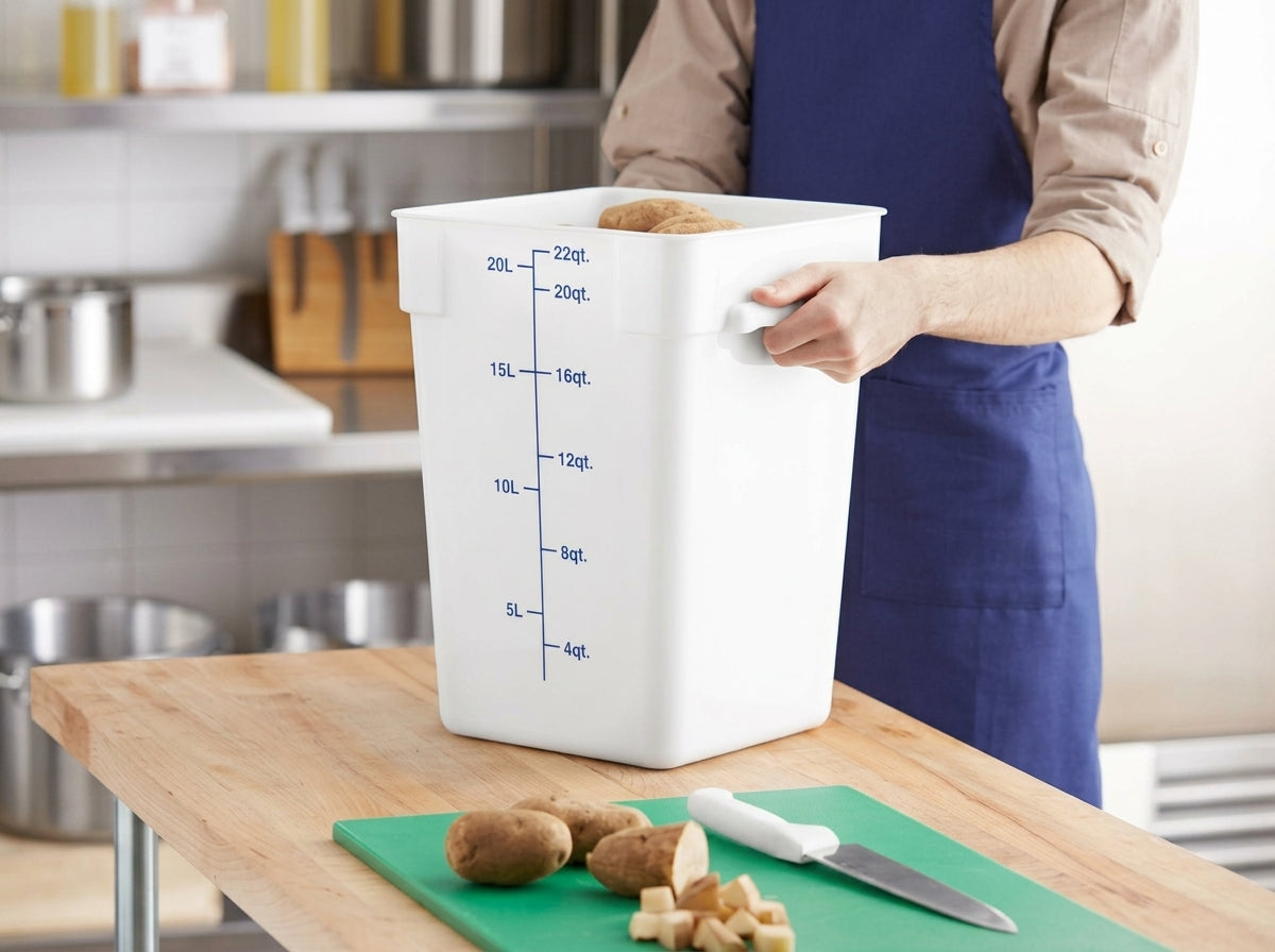 22 Qt White Square Polypropylene Food Storage Container with Blue Lid