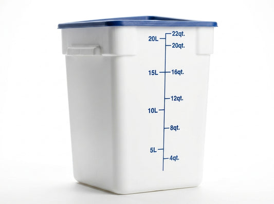 22 Qt White Square Polypropylene Food Storage Container with Blue Lid