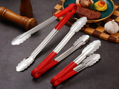 304 Stainless Steel Serving Tongs with Red Non-Slip Plastic Handle