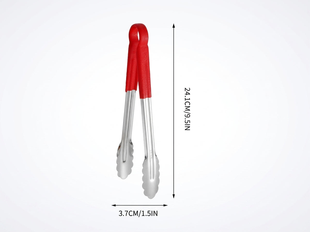 304 Stainless Steel Serving Tongs with Red Non-Slip Plastic Handle