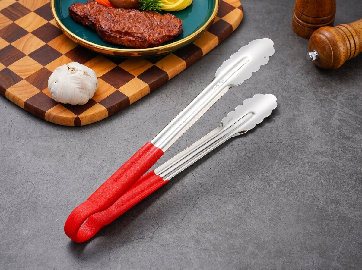 304 Stainless Steel Serving Tongs with Red Non-Slip Plastic Handle